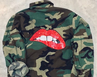 Camo Jacket with Bite Lip SEQUINS PATCH Decorated Army Jacket Vintage Military Shirt Jacket All Sizes