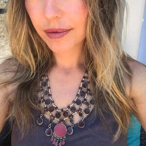 Vintage Necklace Red Medallion Boho Burgundy Statement Charm