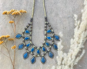 Boho Necklace Lapis Lazuli Blue Diamond Medallion Golden Brass Statement Vintage Necklace