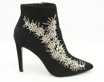 Rhinestone Beaded Heels Leather Suede Tall Ankle Booties Size 6.5