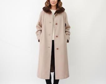 Vintage Beige Wool Long Coat MINK Fur Collar 1950s Size Medium