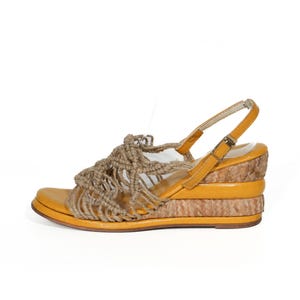 Sandals Size 8 Macrame Wedges Vintage 1960s 1970s Lemon Yellow Basket Weave Espadrille