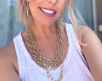 ★VINTAGE HOLLYWOOD★ Chain Ring Necklace_VH2533NE073M Golden Chain Necklace LEE ANGEL Multi 3 Strand 80s Designer