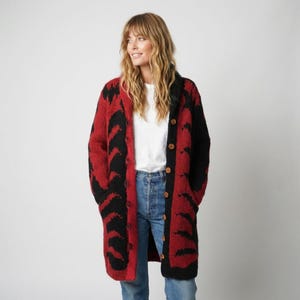 Sweater Coat Long Handmade Abstract 80s Art Glam Red Funnel Neck Hand Knit Jacket