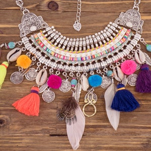 Festiva Necklace Boho Tribal Necklace Gypsy Charm Coin Colorful Feather Shell Tassel Fringe Bib Necklace image 1