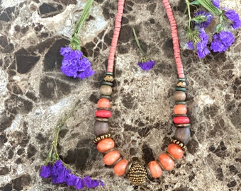 Beaded Necklace TROPICAL Boho Summer Festival Peachy Orange Wood Metal Adjustable Handmade Necklace