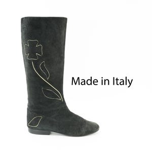 Vintage Italian Leather Boots Black Suede Knee High Flat Riding Boots Embroidered Art Boots - Size 7.5