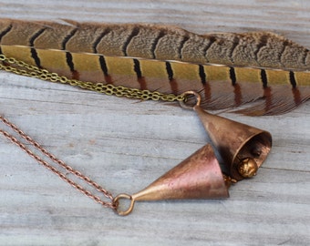 Bell Necklace Long Copper Golden Brass Statement Pendant Necklace