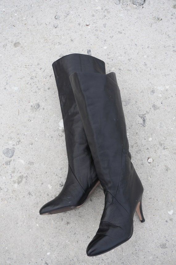 Tall Boots Size 9 Vintage 80s Tall Black Leather … - image 2