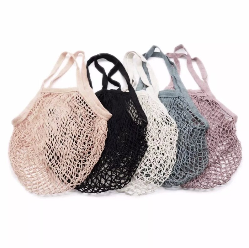 Shopping Bag Cotton Crochet Mesh Tote Reusable Grocery Eco Beach Bag Mauve Light Blue or Ivory