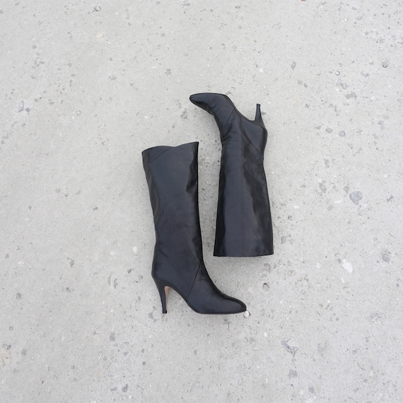 Tall Boots Size 9 Vintage 80s Tall Black Leather … - image 1