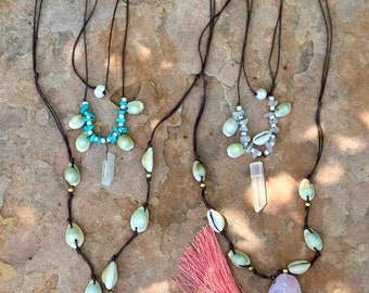Long Necklace Shell Tassel Turquoise Multi Strand Crystal Pearl Boho Necklace