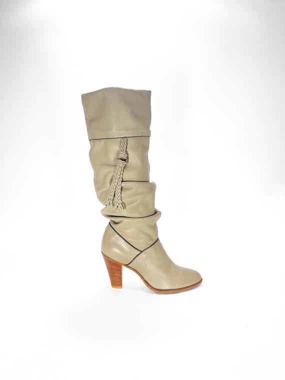 Tall Boots Size 7 Vintage 80s Tall Gray Beige Taupe Leather Knee High Boots Sz. 7