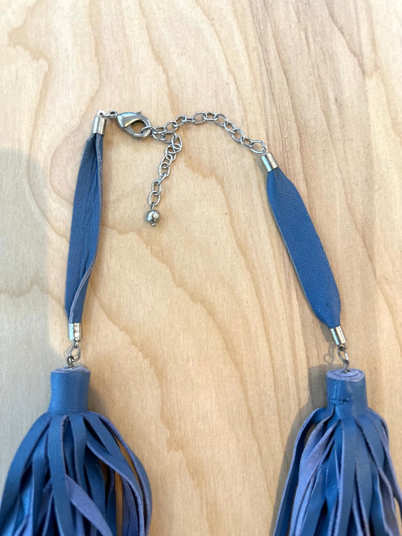 Cut Leather Fringe Strand Blue Necklace Avant Garde Modernist Statement Necklace image 3