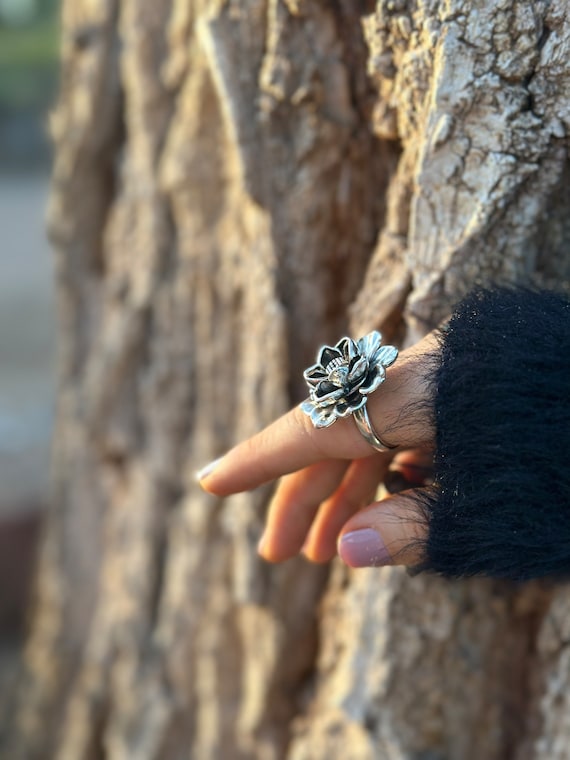 Flower Ring Sterling Silver ADJUSTABLE Large Ring… - image 2