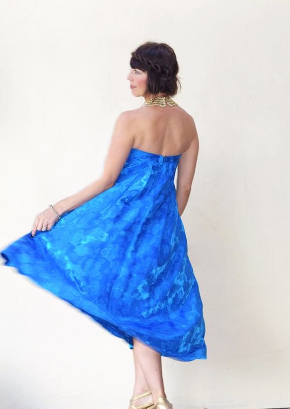 sapphire blue party dresses 1950's Sapphire Blue Silk Party Dress With Rhinestones / Waist 27  Xtabay  Vintage