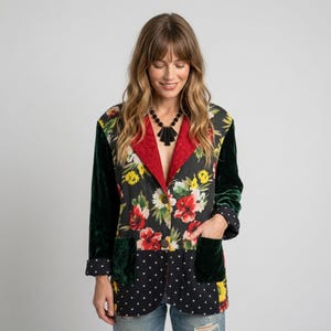 Vintage Floral Patchwork Blazer 90s Retro Glam Whimsigoth Long Jacket