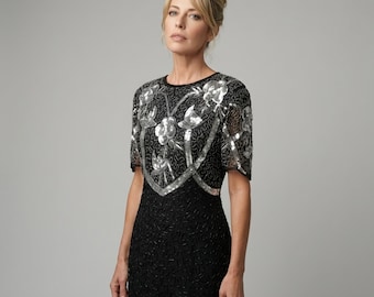 Vintage Sequins Dress Beaded Black Evening Gown Party Dress