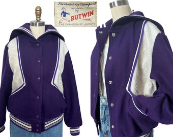 Vintage 1950s Varsity Letterman Jacket Purple White College Sports Jacket Womens Size Medium