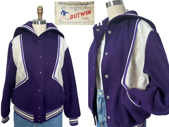 Vintage 1950s Varsity Letterman Jacket Purple Whi… - image 1