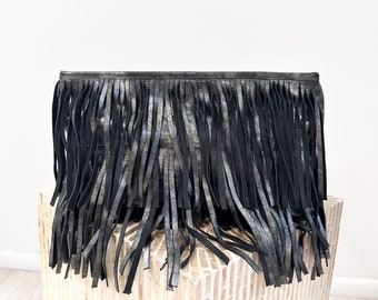 Fringe Leather Bag Black Metallic Silver Clutch