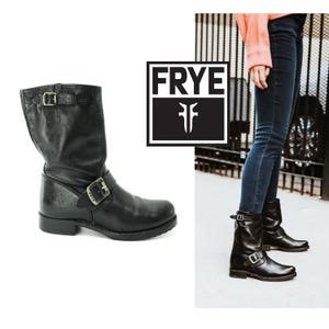 FRYE Boots Size 8 FRYE Veronica MOTO Vintage Black Leather Buckle Engineer Flat Boots