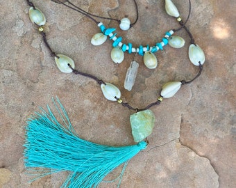 Long Necklace Shell Tassel Turquoise Multi Strand Crystal Pearl Boho Necklace