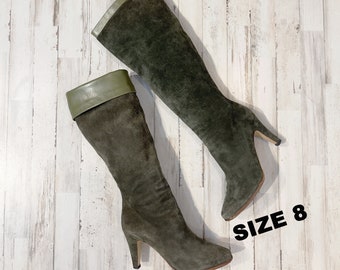 Tall Boots Size 8 GREEN Knee High Slouch Heeled Dress OLIVE Boots Vintage Made in ITALY Sz. 8