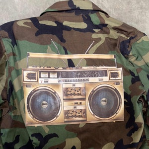 Camo Jacket with BOOMBOX ALL SIZES Graphic Decorated Army Jacket Vintage Military Shirt Jacket