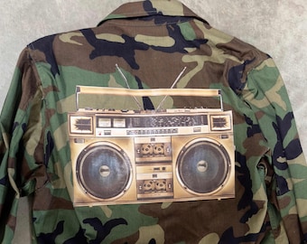 Camo Jacket with BOOMBOX ALL SIZES Graphic Decorated Army Jacket Vintage Military Shirt Jacket