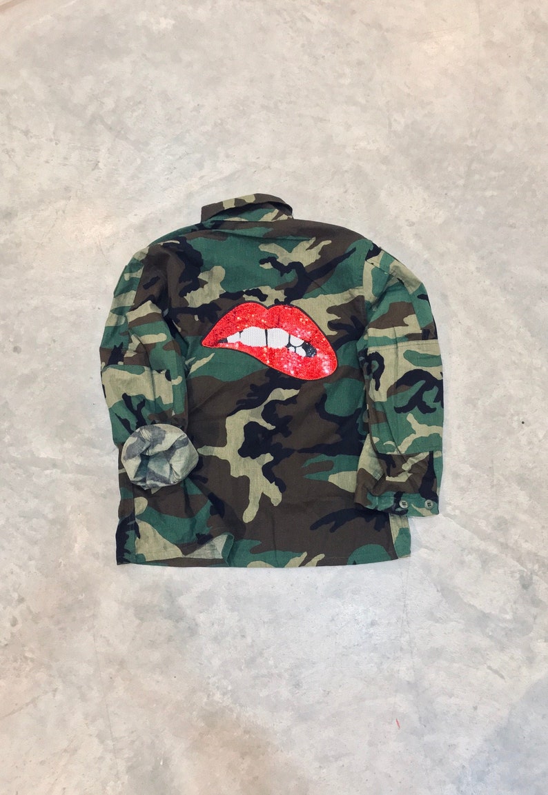 Camo Jacket with Bite Lip SEQUINS PATCH Decorated Army Jacket Etsy