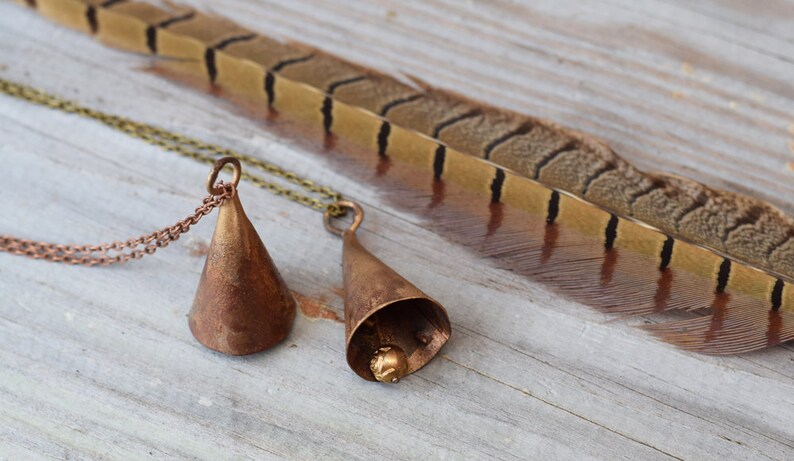 Bell Necklace Long Copper Golden Brass Statement Pendant Necklace image 4