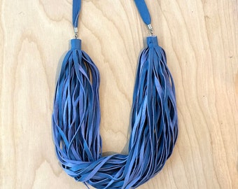 Cut Leather Fringe Strand Blue Necklace Avant Garde Modernist Statement Necklace