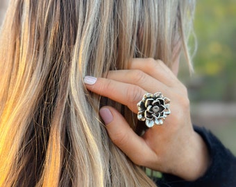 Flower Ring Sterling Silver ADJUSTABLE Large Ring All Sizes