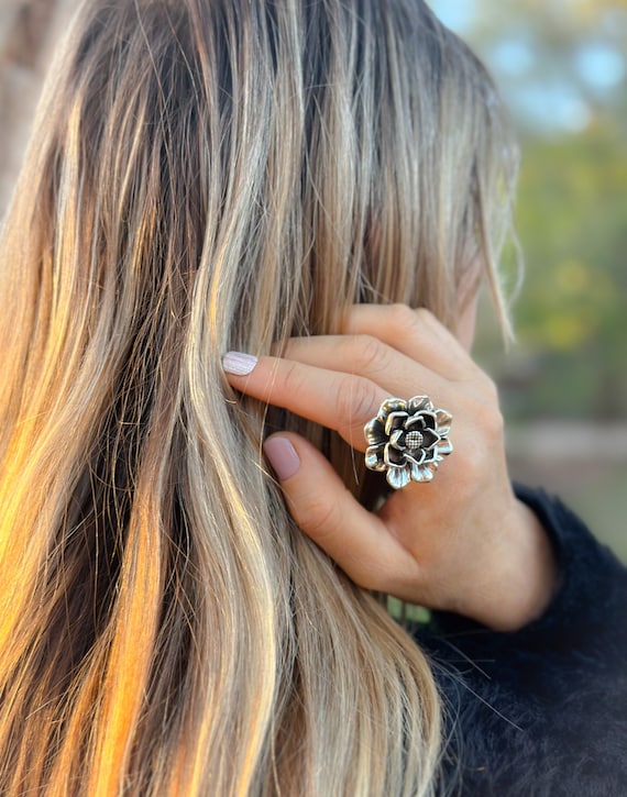 Flower Ring Sterling Silver ADJUSTABLE Large Ring… - image 1