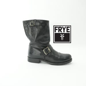MOTO Boots Size 8 FRYE Vintage Black Leather Buckle Engineer Flat Boots