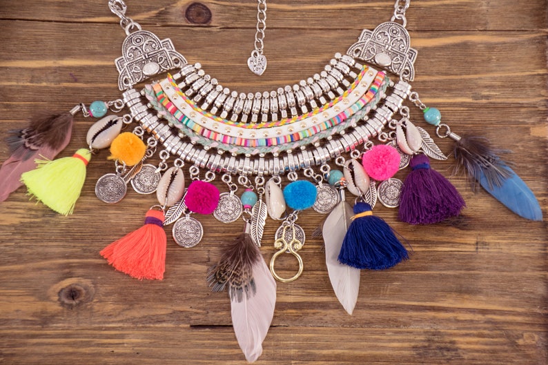 Festiva Necklace Boho Tribal Necklace Gypsy Charm Coin Colorful Feather Shell Tassel Fringe Bib Necklace image 1