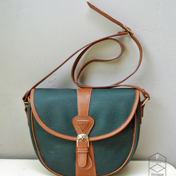 leather saddle bag / forest green equestrian purse / structured tote vintage GUESS cross body bag satchel