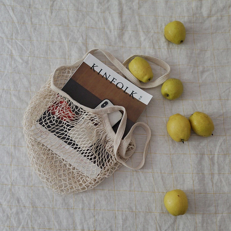 Shopping Bag Cotton Crochet Mesh Tote Reusable Grocery Eco Beach Bag Mauve Light Blue or Ivory