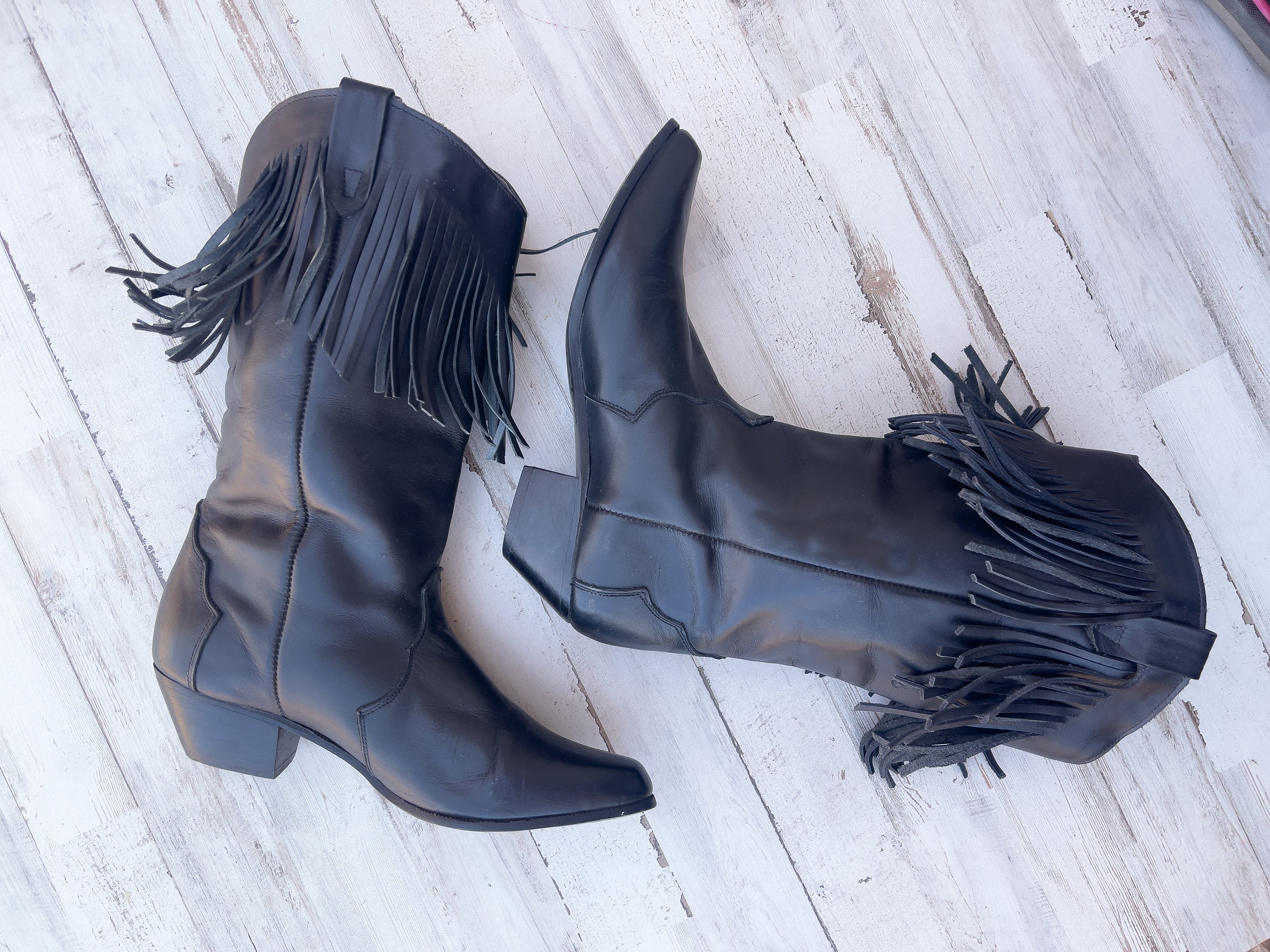 Black leather fringe boots hotsell
