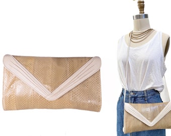 Snakeskin Purse Crossbody Clutch Vintage Purse Beige Evening Bag 1970s Art Bag