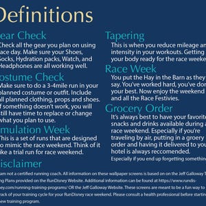 May include: A navy blue graphic with the word "Definitions" at the top. The text describes race weekend preparation, including gear, costume, and simulation checks, tapering, race week, and grocery order suggestions. A disclaimer is also included.