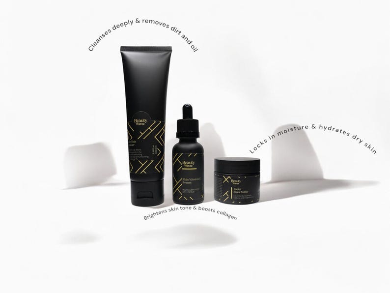Beauty Wavez skincare trio displayed on a white backdrop with minimal shadows and skincare benefit callouts, showcasing men's cleanser, serum, and moisturizer.