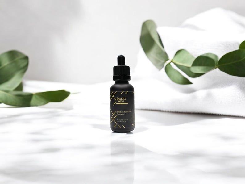 Beauty Wavez Vitamin C Serum in matte black dropper bottle, staged on clean marble with spa towel and eucalyptus leaves, ideal for daily brightening skincare.