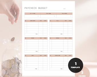 May include: A printable budget worksheet with the title "Paycheck Budget". The worksheet is divided into sections for income, savings, expenses, debt, and lending funds. Each section has columns for the item, planned amount, and actual amount.