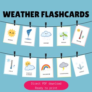 Flashcards imprimíveis | Flashcards sobre o clima | Montessori imprimível | Flashcards para crianças