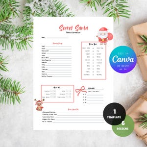 Cuestionario de amigo secreto / Lista de deseos navideños / Encuesta de amigo secreto imprimible / Editable en Canva