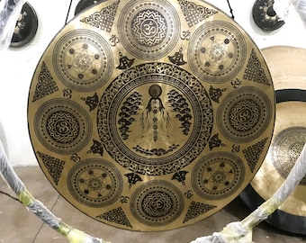 Handgemaakt Tibetaanse Gong AUM en CHAKRA, alle maten 50-100 cm, handgemaakt in Nepal AUTHENTIEK voor klankhealing en klankbad