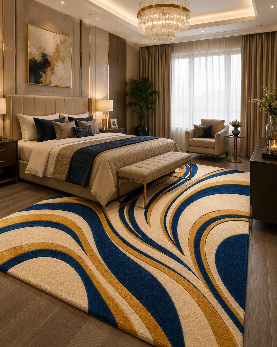 Abstract Blue Gold Rug, Handmade Tufted Wool Area Carpet, Modern ...
