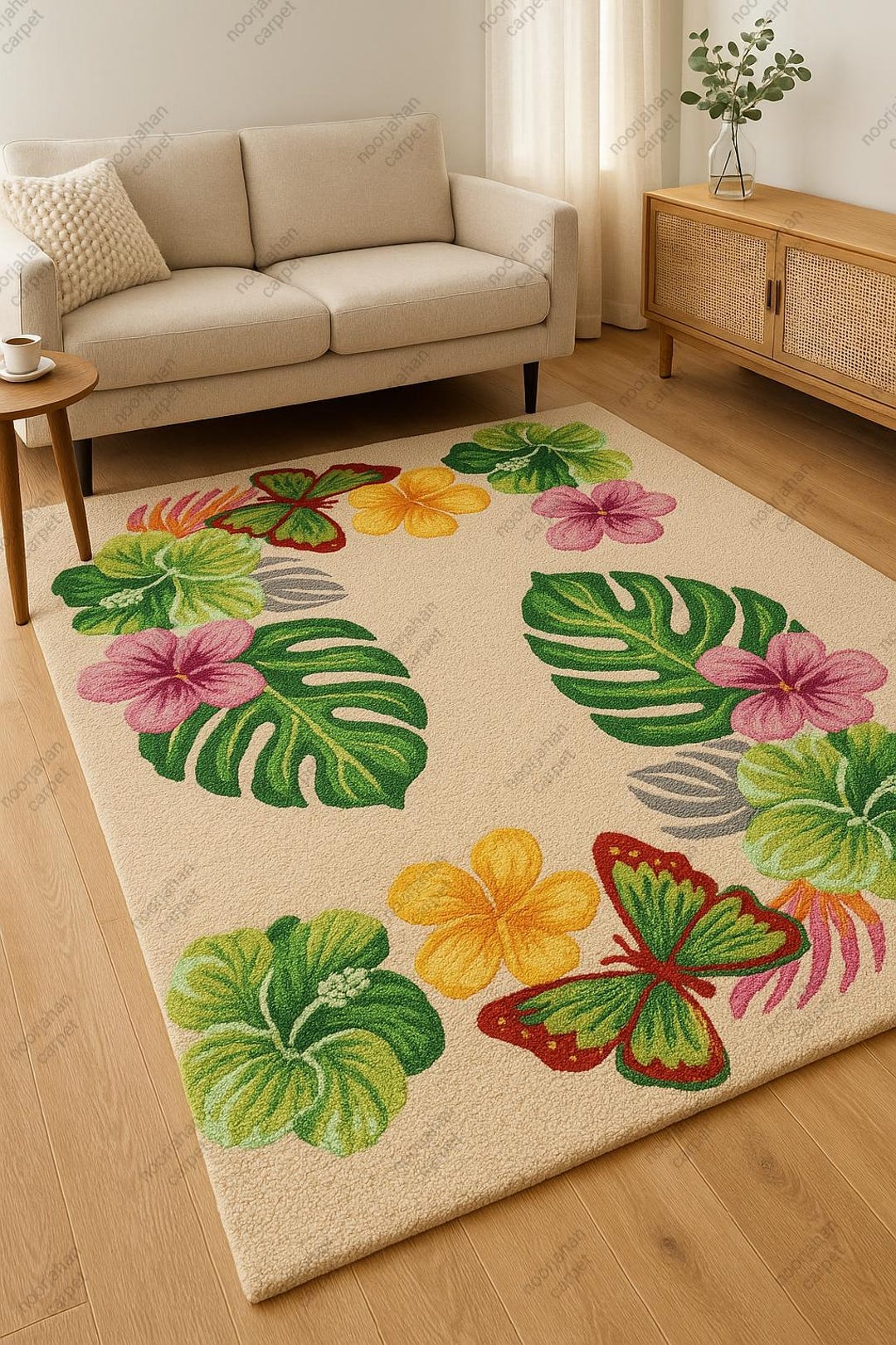Hibiscus Rug Tropical Floral Hand-tufted Rug: Monstera, Hibiscus & Butterfly - Etsy